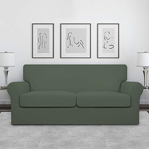 Image of Easy-Going Stretch Oversized Loveseat Couch Cover for 2 Cushion Washable | Sofa Slipcover for Stretch 2 Separate Sectional Cushion Couch - Furniture Protector for Pets, Kids Grayish Green