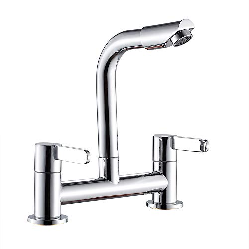 Kitchen Sink Mixer Taps 2 Hole Dual Lever Chrome Plated 360 Swivel Deck Mounted Kitchen Mixer Faucet Spout Basins Taps