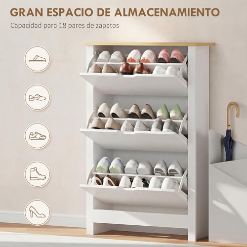 Miniatura 4 de Homcom Zapatero Estrecho Zapatero De Entrada Recibidor Para 18 Pares De Zapatos Con 3 Cajones Abatibles Y Estantes Ajustables Para Pasillo 72x26x112 Cm Blanco