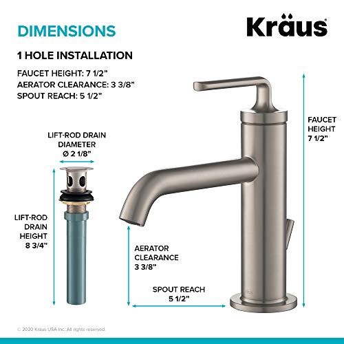 KRAUS Ramus Single Handle Bathroom Sink Faucet with Lift Rod Drain in Spot Free Stainless Steel, KBF-1221SFS thumbnail 6
