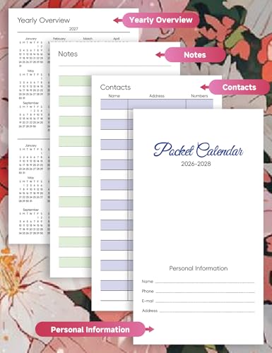 ADUN Stationery Pocket Calendar 2026-2028 Floral Series, Monthly Planner Jan 2026 to Jul 2028 (3.7\" x 6.7\") Perfect Purse Calendar, Pocket Agenda with Protective Plastic Sleeve-Blush Floral