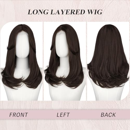 Image of FESHFEN Lace Front Hairline Wigs with Bangs, Synthetic Natural Looking Long Layered Straight Hair Wig for Women Daily Party Costume, 18 inch Natural Black