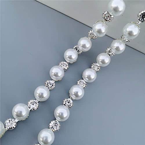 1 Yard Rhinestone Trim Pearls and Diamonds Crystal Chain Rhinestones Pearl Chain for Craft Rhinestone and Pearl Trim Applique Beaded Embellishments for Bridal Wedding Dress Decoration (Silver)