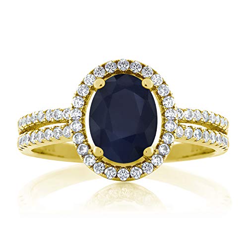 Gem Stone King 18K Yellow Gold Plated Silver 8X6MM Oval Gemstone Birthstone Split Shank Double Halo Engagement Ring | Wedding Band Anniversary Promise Ring For Women2