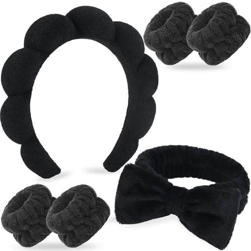 Zkptops 6Pcs Spa Headband for Washing Face Wristbands Set Women Bubble Makeup Sponge Terry Cloth Padded Puffy Skincare Headband Bow Tie Hairband Cute Non Slip Thick Hair Accessory Gifts (Blue)