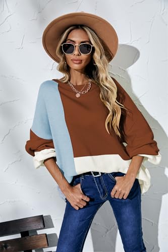 Image of ECOWISH Women Sweater Long Sleeve Color Block Knit Pullover Sweaters Crew Neck Patchwork Casual Loose Jumper Tops