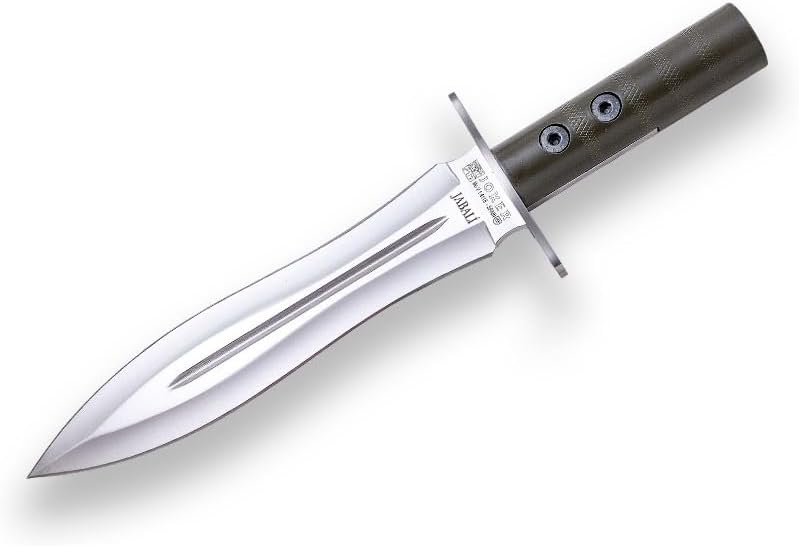 Joker Hunting Knife Wild Boar 110, Hiking Knife with different Handle, 9.84 inches Blade, Includes Brown Leather Sheath, Tool for Fishing, Hunting, Camping and Hiking (Green lacquered aluminum)