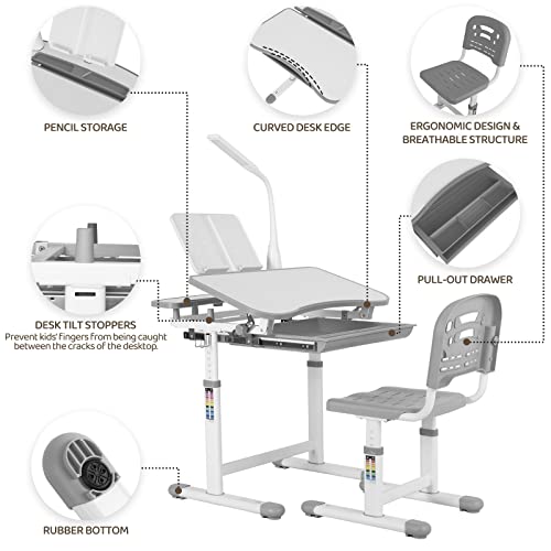Aoou Kids Desk And Chair Set, Height Adjustable Multifunctional Writing Table With Steel Bookstand, Hook, Pull-Out Drawer, 360° Rotation 3 Brightness, Tiltable Desktop, For Study #TOP4