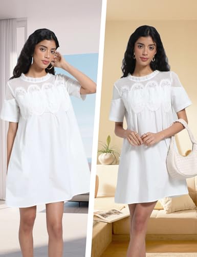 Image of Shiyifa Womens Babydoll Lace Patchwork Dresses Summer Short Sleeve Ruffle Sundress Loose Crew Neck A-Line Dresses