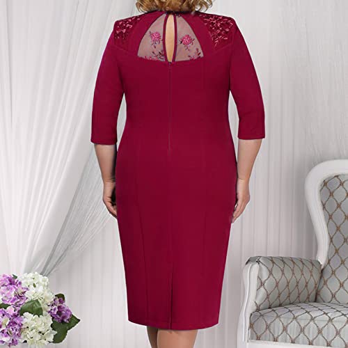 Haoricu Plus Size Dress For Women Wedding Guest Summer, Lace Half Sleeve Knee Loose Straight Length Cocktail Swing Dress Red #TOP4