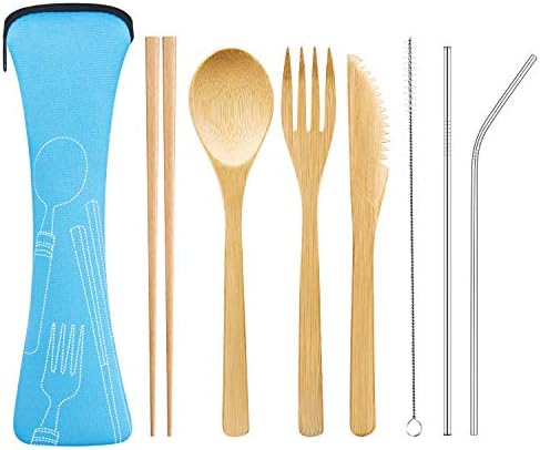 Bamboo Cutlery Set with 8.5 inch Stainless Steel Metal Straw and Cleaner，Extra Long 7.7 inch Bamboo Utensils for Travel and Camping，Portable with Case To Go (1 Set)