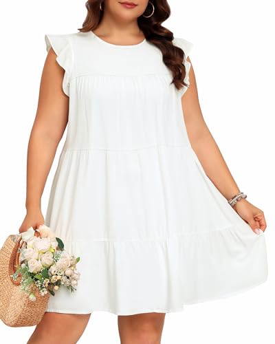 Image of Holipick Women's Plus Size Summer Dresses Casual Short Dress Babydoll Ruffle Sleeve Swing Flowy Sleeveless Tunic Dress
