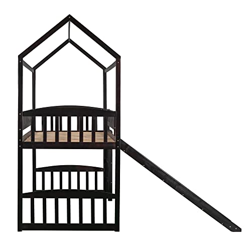 Merax, Espresso House Loft Bed With Slide No Box Spring Needed For Teens, Girls Or Boys, Twin Without Stairway #TOP5