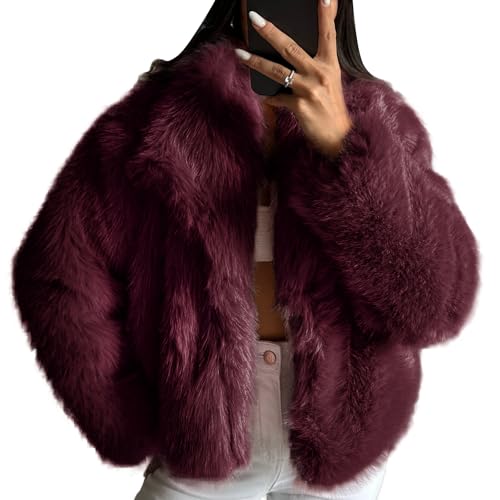 COZYPOIN Kunstfell-Jacke für Damen, flauschiges Fell, bauchfrei, lange Ärmel, vorne offen, Pelzumhang, Weinrot, Groß