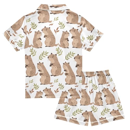ALAZA Cute Capybara Leaf Animal Satin Pajamas Set Short Sleeve Button Down Sleepwear Summer Pjs 2 Piece2