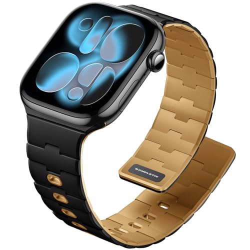 [Bandletic] アップルウォッチ用 バンド - マグネット式シリコン N54磁石バンド 対応42mm(Series 11/10) 41mm(Series 9/8/7) 40mm(Series SE3/SE2/SE/6/5/4) 38mm(Series 3/2/1) 男女兼用 スポーツ用 軽量 ブラック/カーキ
