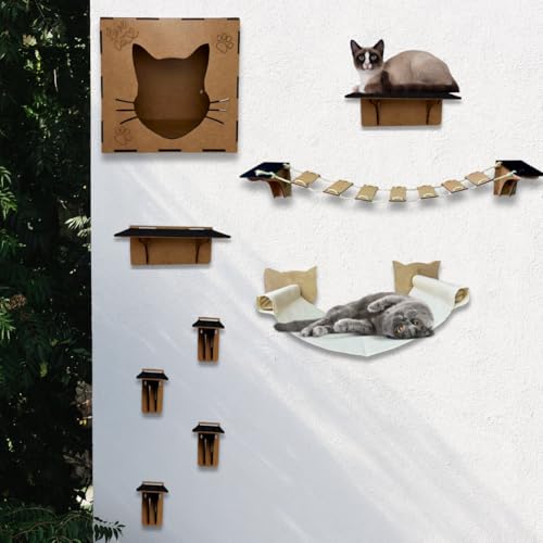 Playground Para Gatos 9 Pçs Com Rede Suspensa Fixa De Parede Feito em Mdf