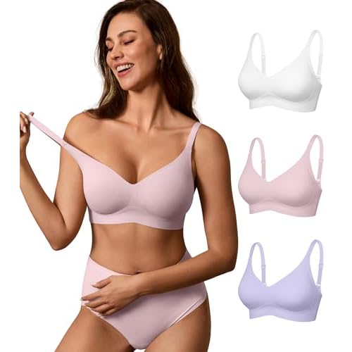 DEANGELMON Seamless Bras for Women No Underwire Comfortable Push Up Bra V Neck Wireless Bralette Full Coverage Wire Free Purple+pink+white Large