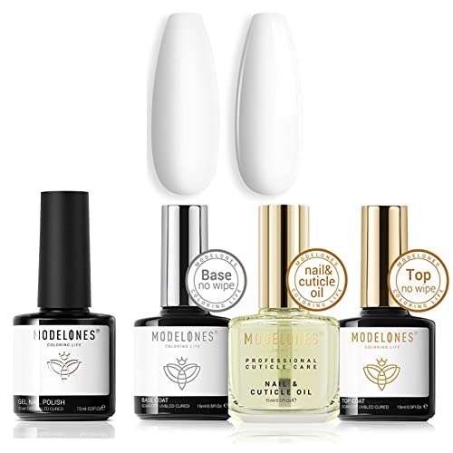 modelones 4Pcs Pure White Gel Nail Polish with No Wipe Base Top Coat and Cuticle Oil Set