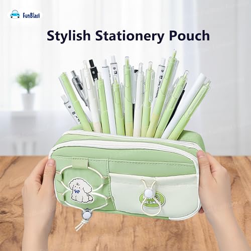 Image of FunBlast Pencil Pouch for Girls - Aesthetic Multi-Compartment Zipper Pouch with Drawstring Pocket, Cute Kawaii Pencil Case, Stylish Stationery Pouch, Return Gift for Kids & School Use (Green2)