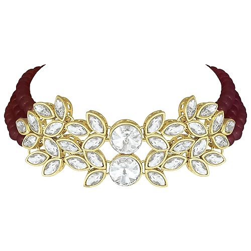 Image of Peora Gold Plated Bridal Crystal Pearl Choker Necklace with Drop Earrings Traditional Jewellery Set for Women