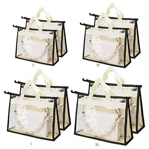 DSVENROLY 8 Pack- 4 Sizes Clear Dust Cover Bags for Handbag Transparent Handbag Storage Organizer Anti-dust Purse Storage Bag for Hanging Closet with Zipper and Handle (Beige) Cover