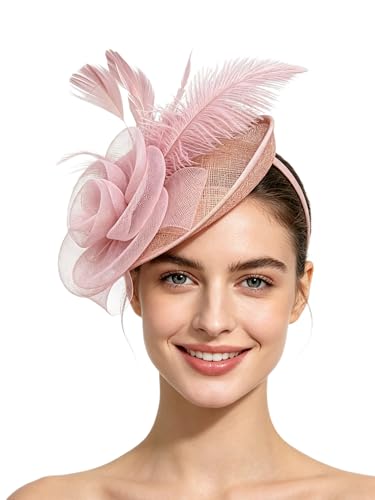 SAFERIN Fascinator for Women Hair Clip Hat Bowler Feather Flower Veil Wedding Party Hat Tea Hat（TA4-Light Pink）