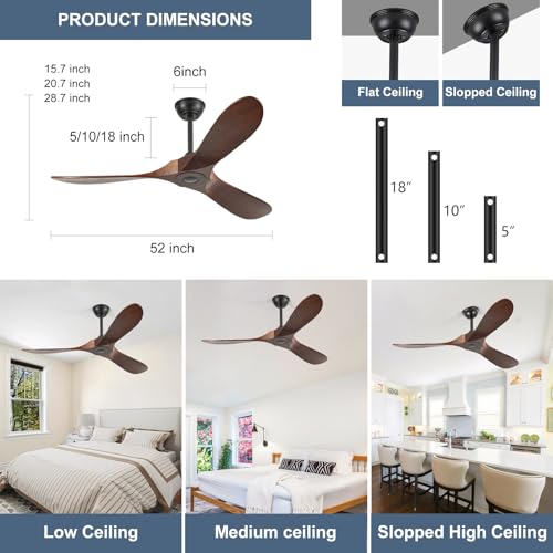 Image of 52'' Solid Real Wood Ceiling Fan no Light,DC Motor 6 Speeds Adjustable with Large Airflow,Outdoor Ceiling Fan Dark Walnut Finished for Garage,Gazebo,Living Room,Bedroom