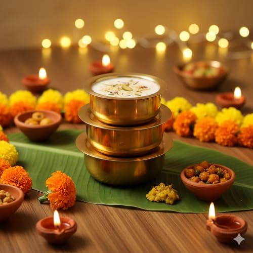 Image of Salvus APP SOLUTIONS Brass Miniature Bhagona Patila Set with Lid, Set of 3 | Traditional Kitchen Utensils for Pooja, Home Temple, Dollhouse & Kids Pretend Play | 2.5 x 2.5 x 1 Inch