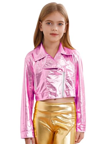 Kids Boys Girls Metallic PU Motorcycle Jacket Long Sleeve Zip Up Biker Coat Solid Color Outwear with Pockets3