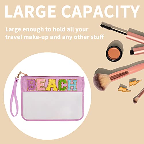 Iqimott Monogram Letter Clear Bag Purse, Chenille Glitter Letter Makeup Cosmetic Bag Patch Zipper Toiletry Pouch, Portable Travel Beach Snack Wristlet Bag For Women Girls(Beach, Purple) #TOP3