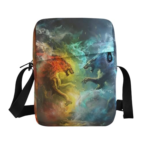 Crossbody Bag Fire Ice Blue Animal Fighting Messenger Bag for Women Men Purse Shoulder Bag Satchel Bag with Adjustable Strap 214B5988