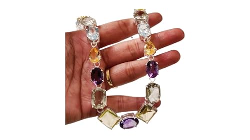 Cluster Necklace, Natural Amethyst Lemon Quartz Green Amethyst Citrine Blue Topaz, Women Choker Necklace, 925 Silver Necklace, Multi Gemstone, Christmas Gift, Genuine Birthstone, Handmade Jewelry #TOP6