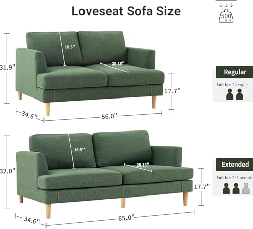 Busaurus Loveseat Sofa 56", Small Couches for Small Spaces Love Seat with 2-Seat Upholstered Cushion, Mid Century Modern Sofa Couches for Living Room, Deep Couch for Bedroom, Apartment, Green - Thumbnail 2