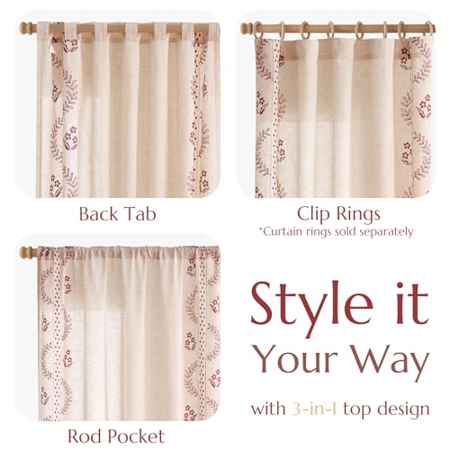 Image of jinchan Floral Linen Curtains 63 Inch Farmhouse Back Tab 2 Panels