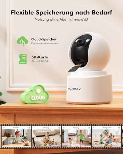 Mrowly Überwachungskamera Innen Akku, 2,5K/4MP WLAN Indoor Kamera Schwenkbar mit akku, 2,4/5GHz WiFi, Farb-Nachtsicht, Bewegungserkennung, Zwei-Wege-Audio, für Baby/Haustiere/Zuhause