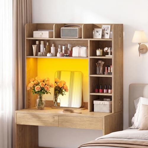 Tangkula Desktop Bookshelf with LED Lights, Desk Hutch with 8 Shelves for Max 25" Monitor, Desktop 5-Tier Display Rack, Multipurpose Wood Desktop Storage Hutch Organizer for Dorm Office Home (Natural) - Image 6