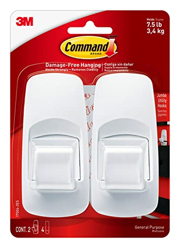 Command Jumbo Wall Hooks Heavy Duty, Holds up to 7.5 lbs, 2 Hooks with 4 Command Strips