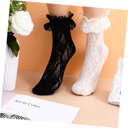 Image of SHERCHPRY 2 Pairs Women Lace Socks with Ruffle Frilly Socks Women Lace White and Black Ruffle Sock for Woman Ladies Accessories