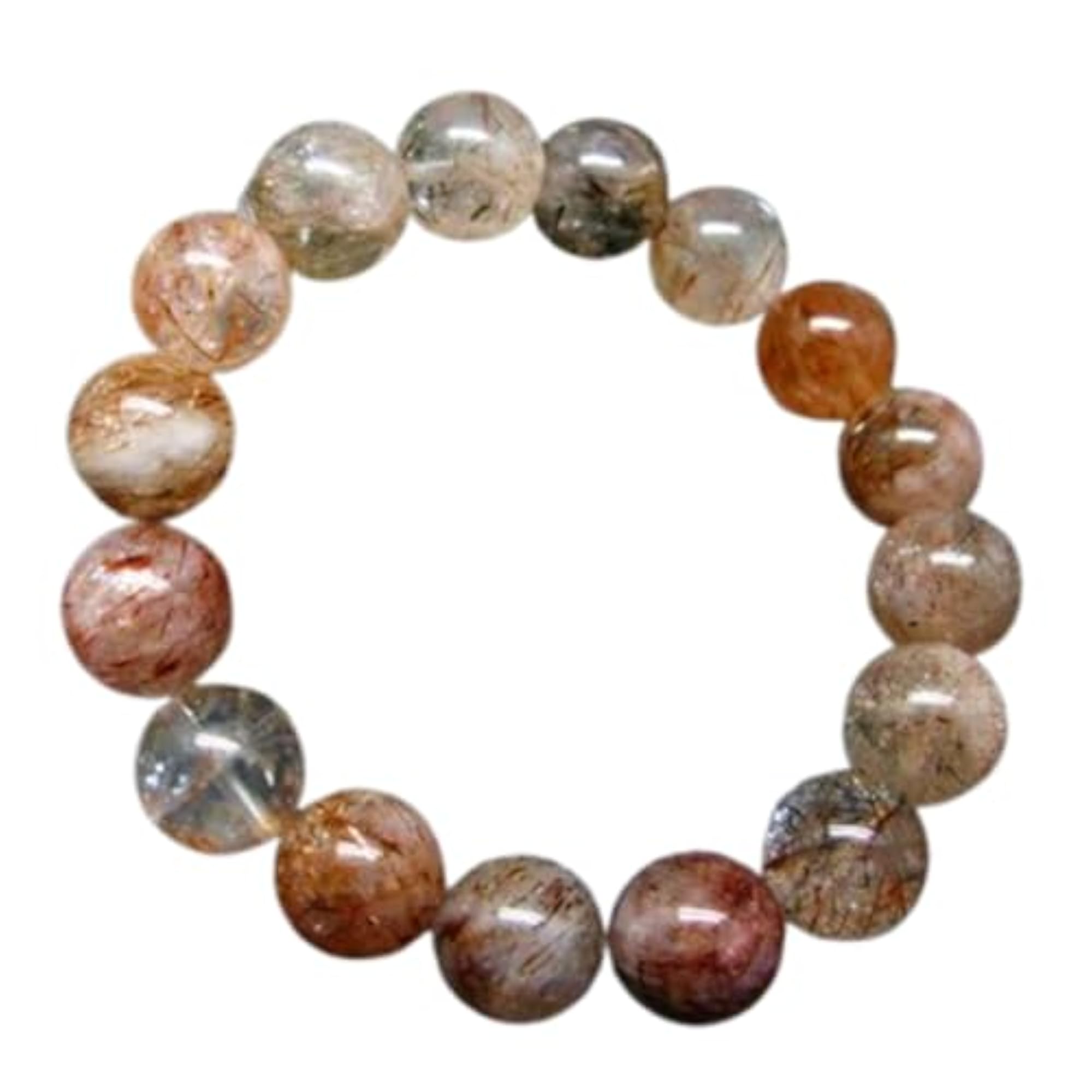Unisex Natural Rutilated Quartz 12mm Round Bead Stretchable Bracelet