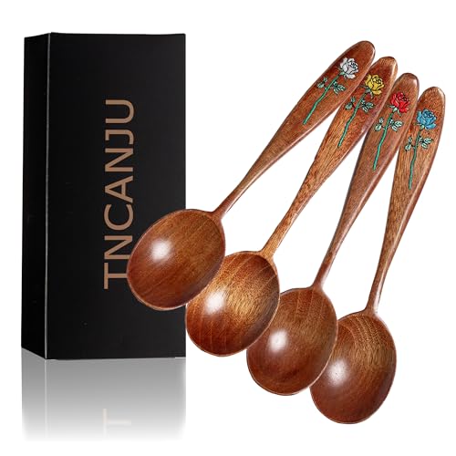 TNCANJU 4 Piece Wooden Spoons for Eating & Cooking, Honey Spoons, Hand Painted Rose Unique Natural Wood, Gift Box Packaged for Kitchen Afternoon Tea, Home Cooks Decor Enthusiasts Gift Givers