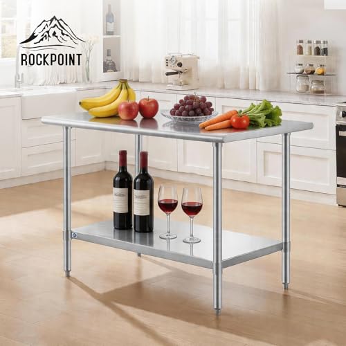 Image of ROCKPOINT SS304 Top All Stainless Steel Table for Prep & Work 30x48 Inches, NSF Commercial Kitchen Heavy Duty Table with Adjustable Undershelf for Restaurant,Kitchen, Home and Hotel
