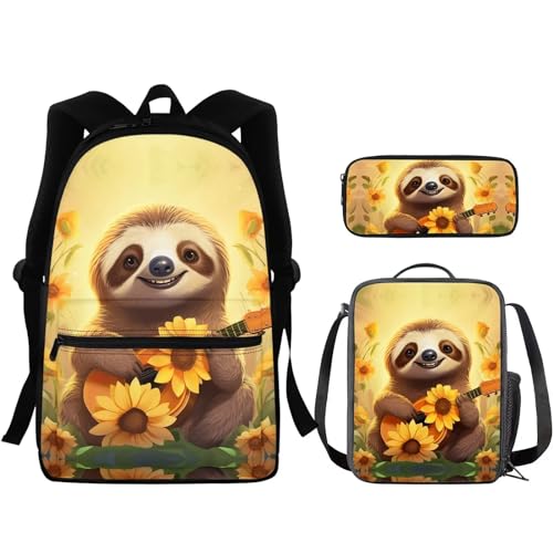 Cute Sloth Kids Backpacks for Teen Girls for Middle School Custom School Backpack for Girls 10-12 Aesthetic White Set with Lunch Box Kids Travel Back Pack with Water Bottle Pockets