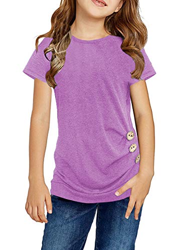 Ecokauer Girls Spring Clothes Casual Short Sleeve Big Girls Fashion Tunic Girls' Tops, Tees & Blouses for Children Side Buttons Cute Loose Purple Tee Shirts Size 8-9