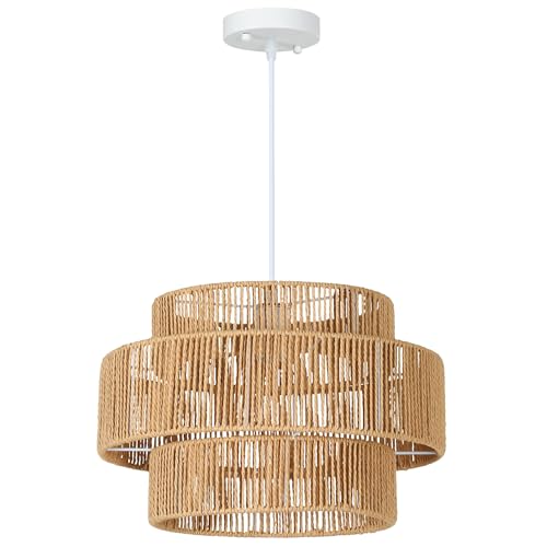 HOMCOM Pendelleuchte Hängelampe mit E27 Fassung, Boho-Stil, Hängeleuchte Deckenlampe mit Lampenschirm aus Hanfseil für Küche, Esszimmer, Hellbraun