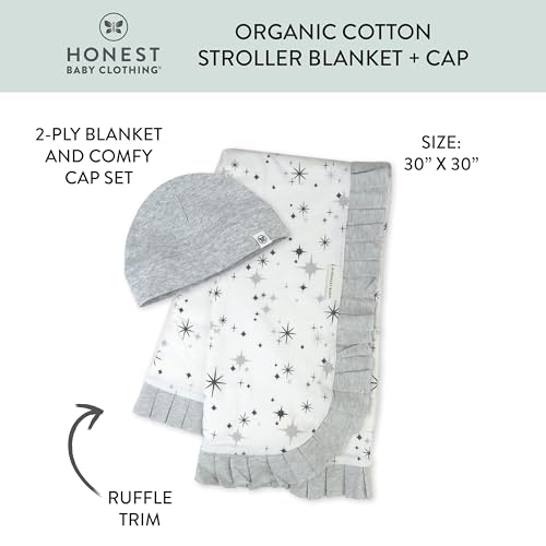 HonestBaby Knit Stroller Blanket with Trim detail and Baby Hat 100% Organic Cotton for Infant Boys, Girls, Twinkle Star Gray (2-pack), One Size3