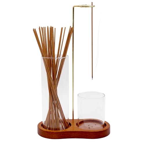 Wooden Upside Down Incense Holder for Sticks with Removable Glass Ash Catcher and Incense Holder for Yoga, Spa, Tea, Zen Meditation (Brown)