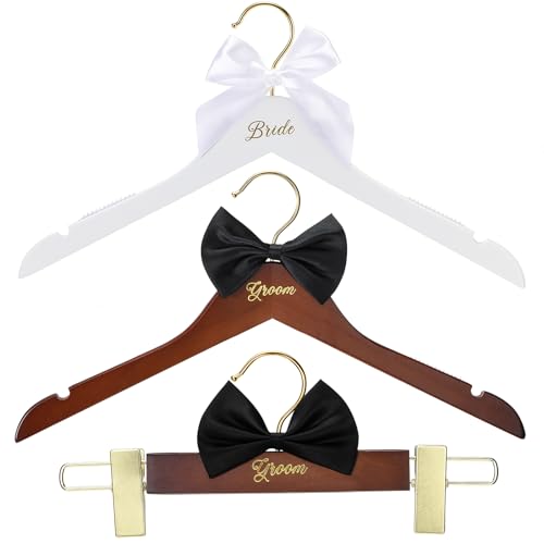 Beeveer 3 Pcs Groom and Bride Wooden Hanger with Clips, Bow, Brown, White