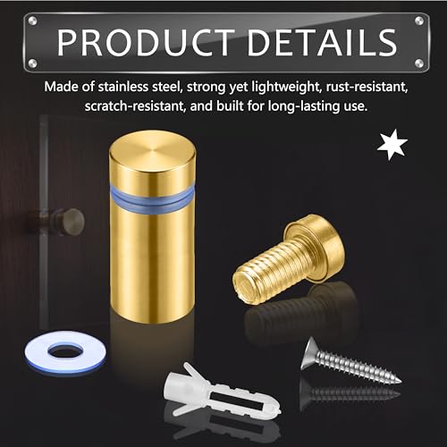 Image of Pelopy Sign Standoff Screws Advertising Screws Stainless Steel Wall Standoff Mounts Glass Acrylic Nail(1 /2 x 1 Inch,Gold,12 Pcs)