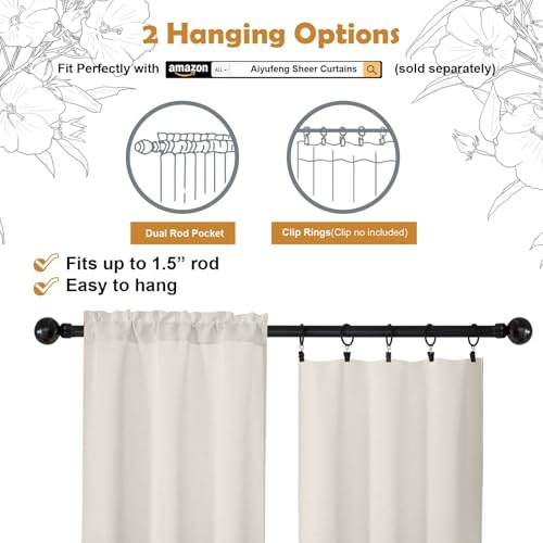 Image of Aiyufeng Blackout Curtains for Bedroom 96 Inch Length 2 Panels Set, Solid Thermal Insulated Privacy Protect Living Room Window Treatment Curtains Blackout Drapes, W52 x L96 Inch, Peal